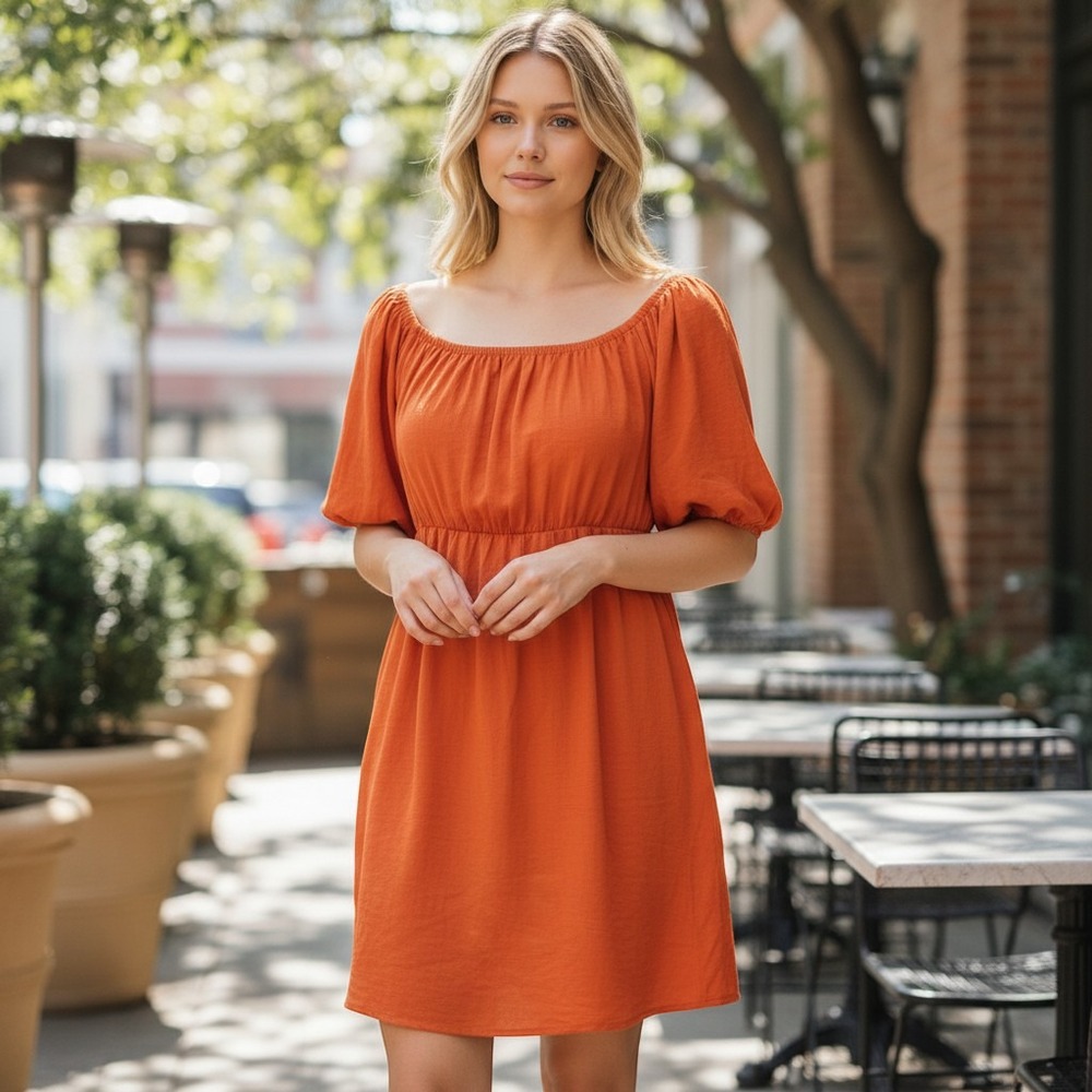 See You Monday Burnt Orange Puff Sleeve Empire Waist Mini Dress Womens Large